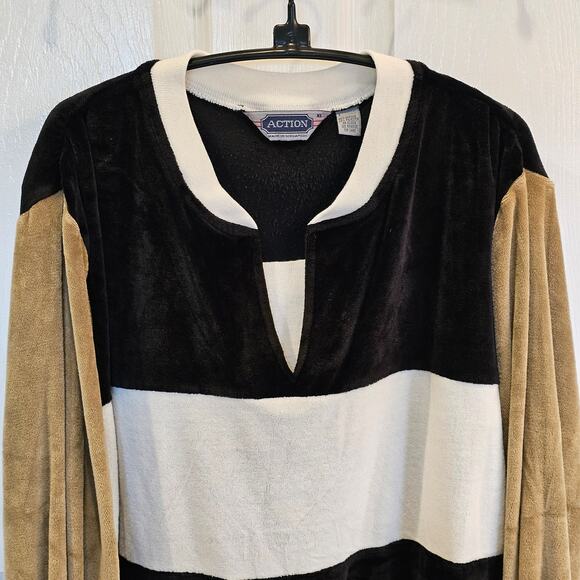 Vintage Action 1980s V-Neck Striped Velour Sweater Ribbed Cuffs Black/Tan Sz XL - Picture 2 of 6